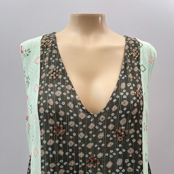 Verb Pallavi Singhee Top Women S Blue Multicolor Sleeveless Beaded Boho Metallic - Picture 2 of 11